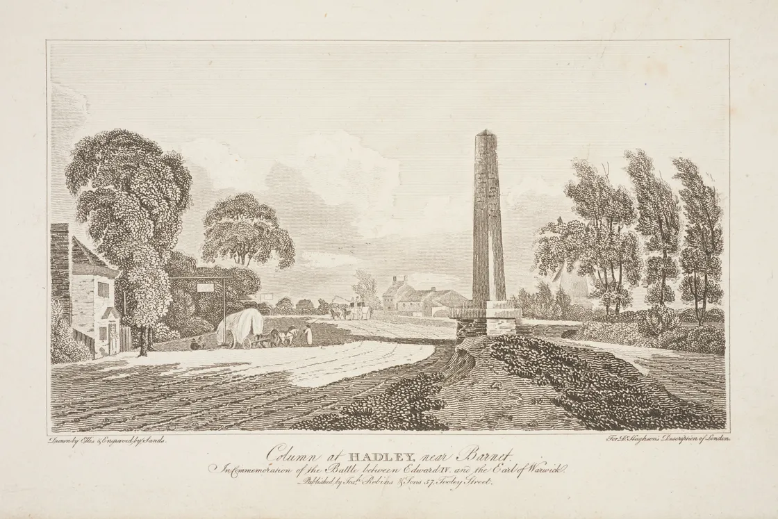 Engraving of the Column at Hadley, near Barnet, depicting a tall column surrounded by trees, buildings, and a road with a carriage and people.