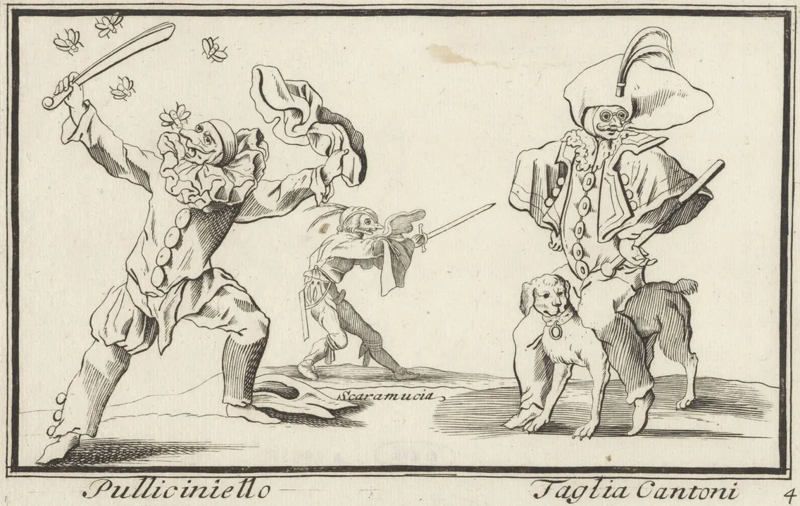 Three characters are depicted in theatrical costumes with exaggerated gestures. The left figure wields clubs, the middle figure holds a sword, and the right figure is dressed as a human-animal hybrid.