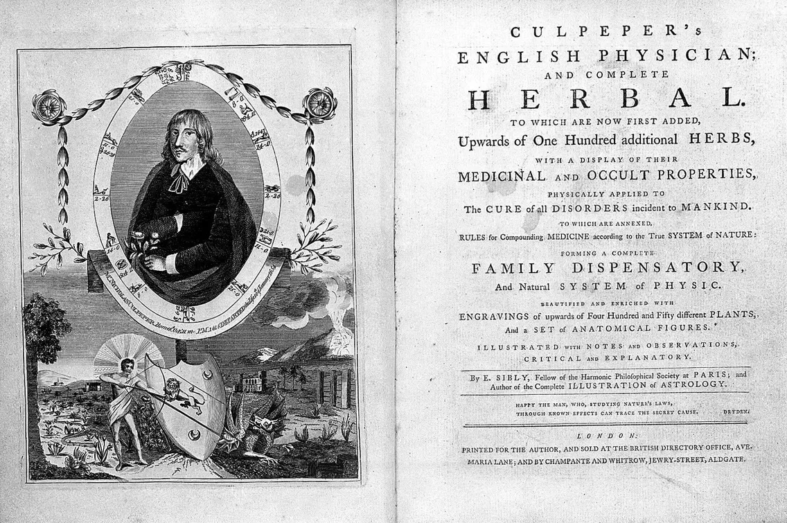 An illustrated cover of Culpeper's English Physician and Complete Herbal book, displaying botanical motifs, a portrait of Culpeper, and text detailing the book's contents on medicinal and occult properties of herbs.