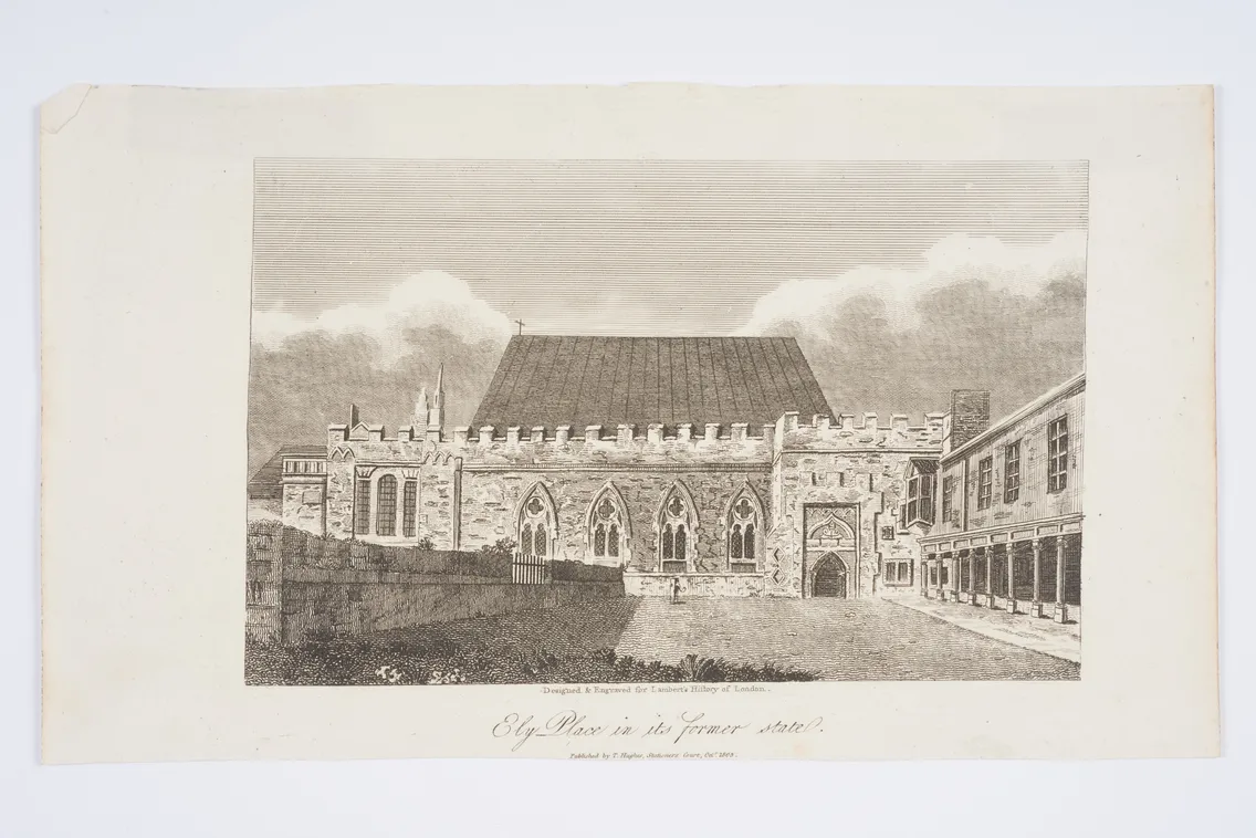 Black-and-white illustration of a historical stone building with archways and large windows, adjacent to another structure. The text underneath reads "Ely Place in its former state.