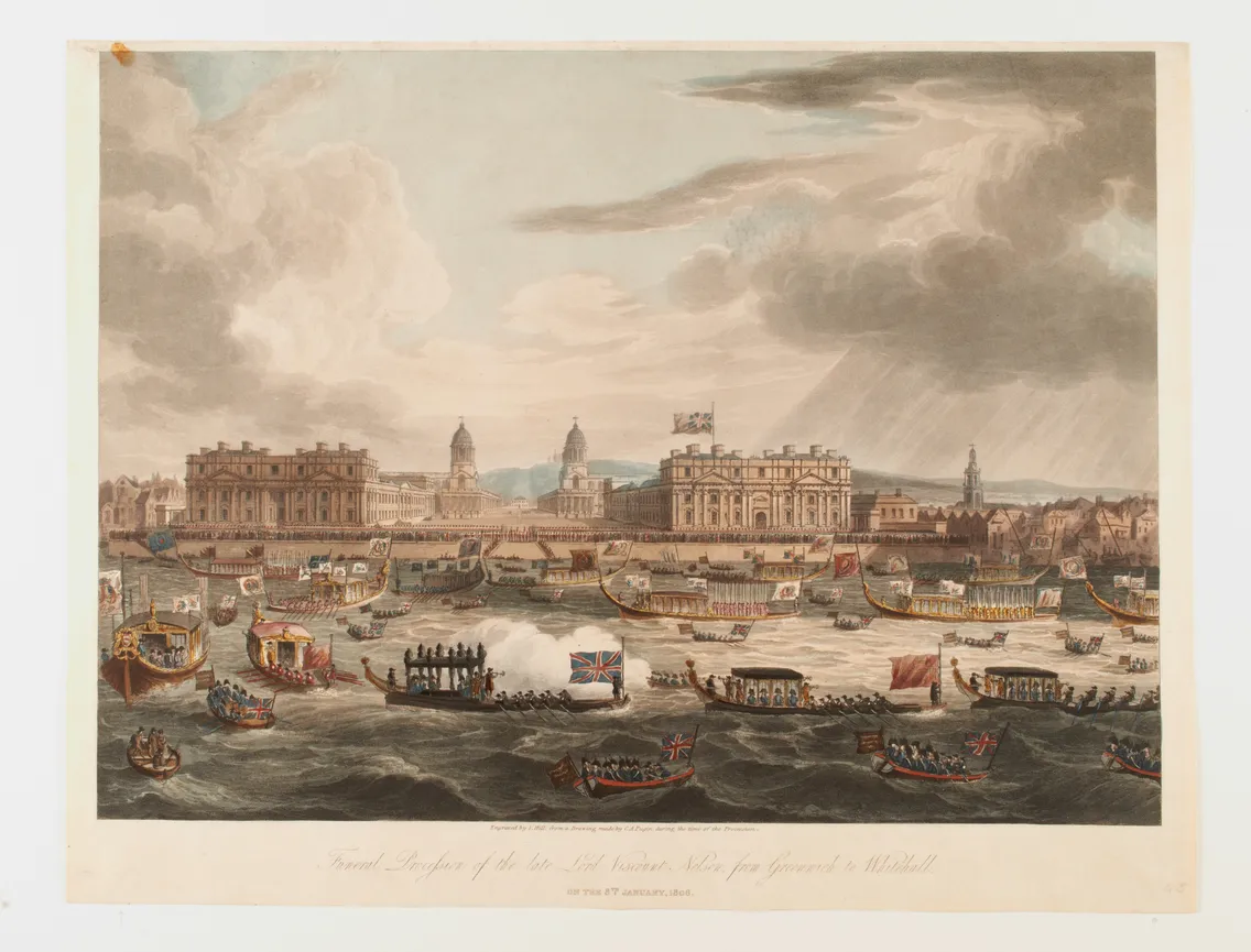 Antique print depicting the grand lodge of the freemasons procession on the river thames, london, with numerous boats and crowds, colored engraving.