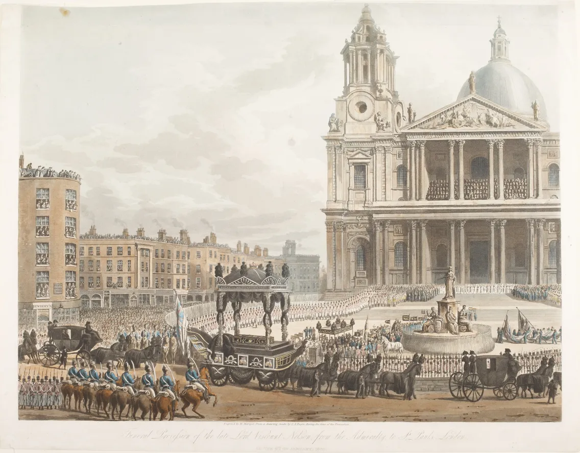 Historical print depicting the grand funeral procession of a naval hero in london, with horse-drawn carriages and uniformed attendees in front of a large, classical building.