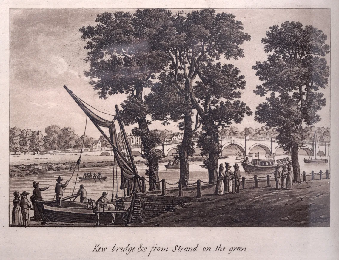 Historical print of Kew Bridge and the strand with figures observing the river, boats, and a bridge in the background, framed by trees.