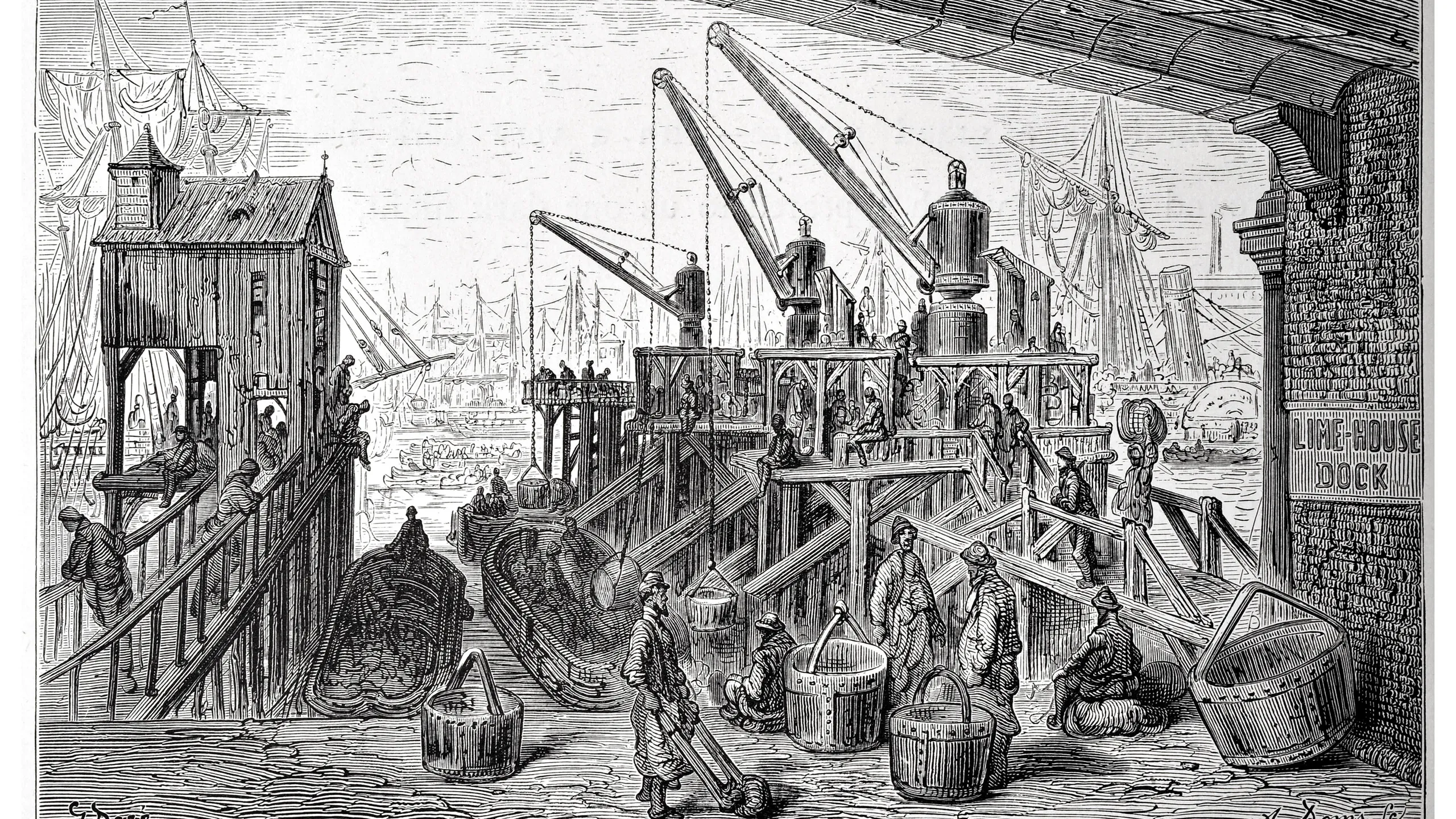 Illustration of Limehouse Dock from 'London: a pilgrimage' by Blanchard Jerrold and Gustave Doré, 1872. Jerrold writes: 'At Limehouse the activity in the coal trade was the striking feature' with the 'rows of black ships [and] dusty workmen and quays'.