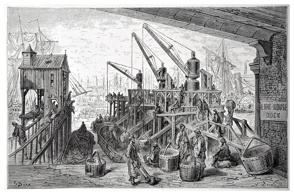A historical dock scene with workers handling goods and boats. Multiple cranes and a sign labeled "Limehouse Dock" are visible. There are barrels and baskets on the ground, and ships in the background.