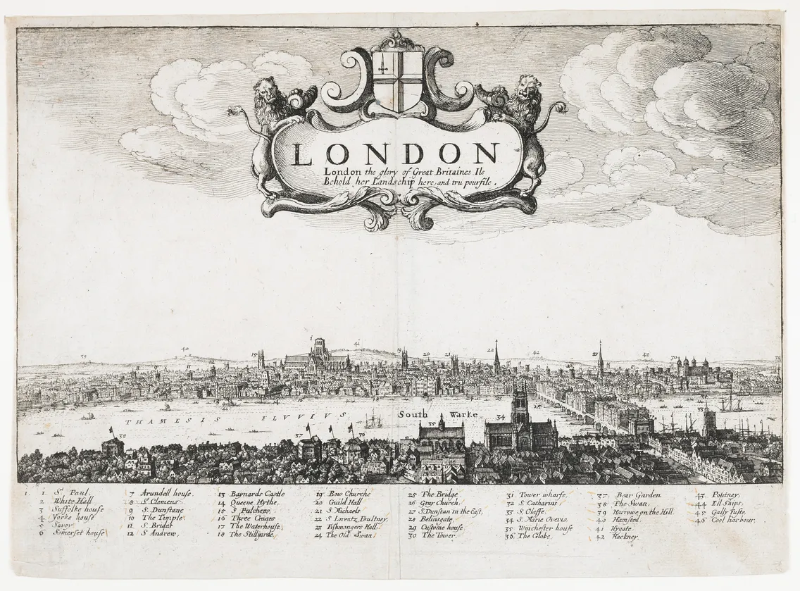 Engraved panoramic view of London with a decorative title cartouche. Various landmarks such as churches, bridges, and towers are labeled below the image. The Thames River is visible in the foreground.