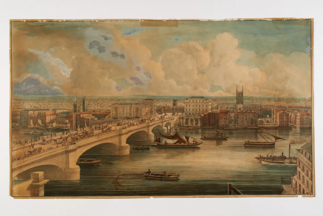 Historical engraving of the new london bridge, showing its multiple arches and classical architectural details, with small boats and river debris in the foreground.