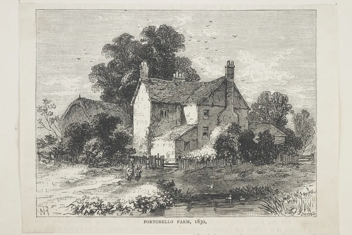 1830 illustration of portobello farm, depicting a two-story building with an adjacent barn, surrounded by trees and a few figures outside.