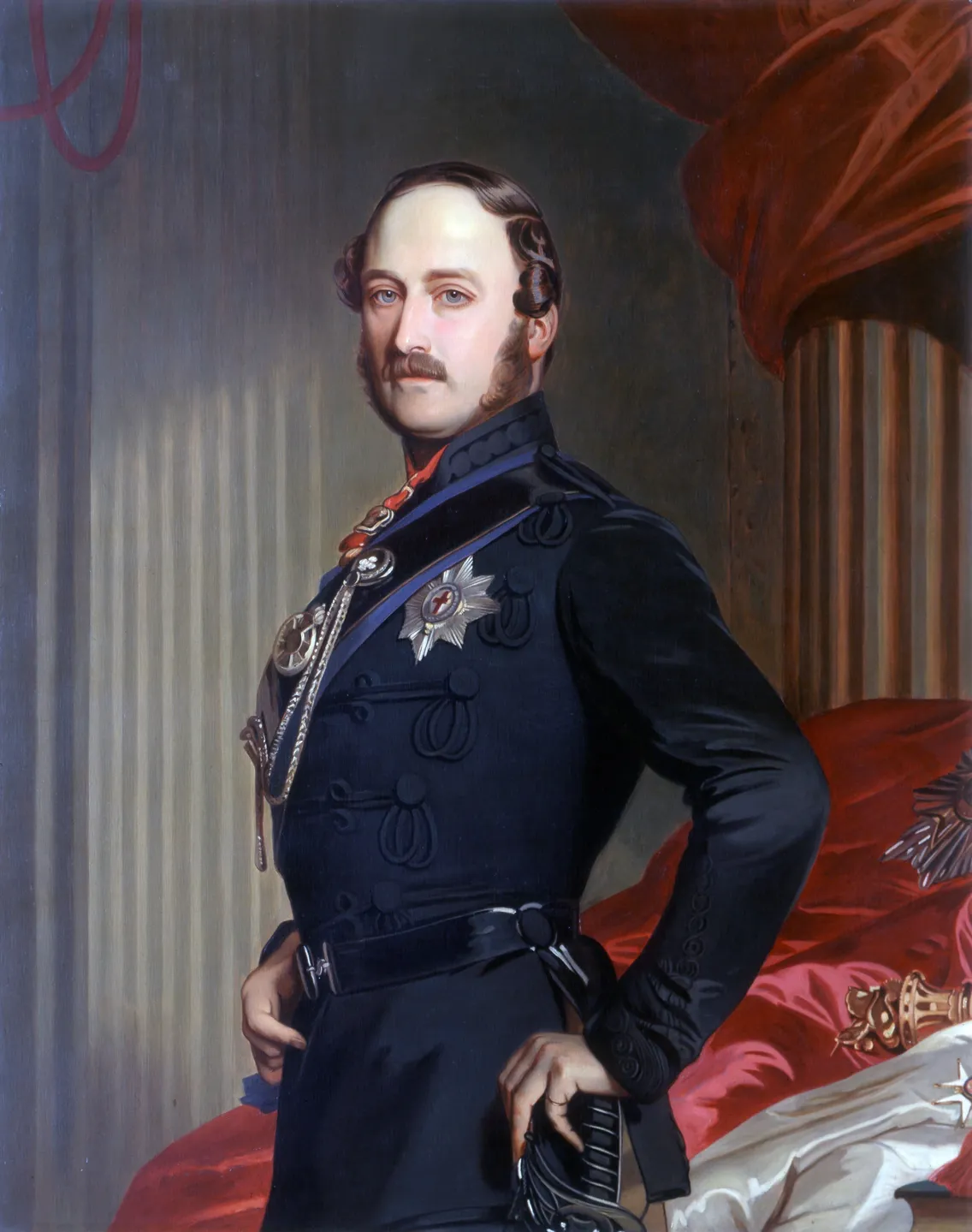 Portrait of a 19th-century military officer wearing a dark uniform with medals, depicted with a confident stance against a backdrop of curtains and draped flags.