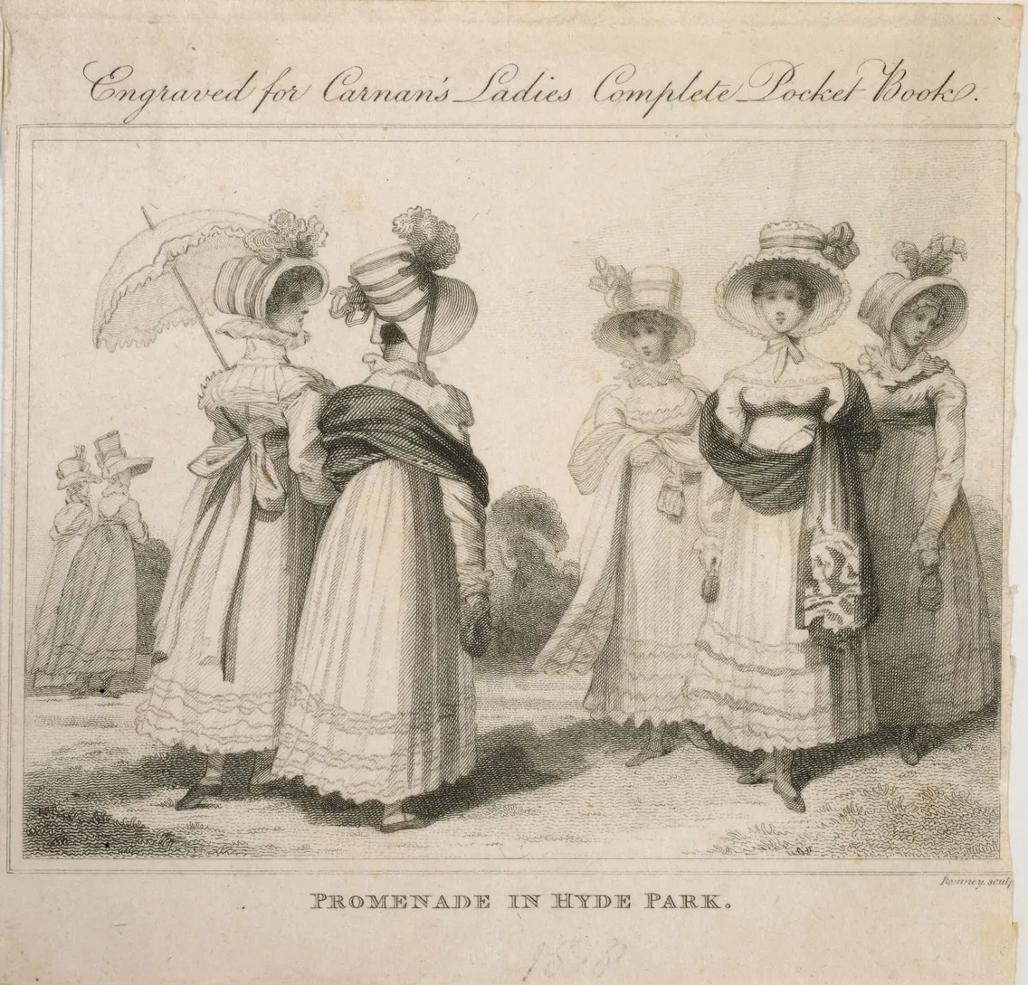 Engraving of women in early 19th-century attire walking in hyde park titled "promenade in hyde park," for carman's ladies complete pocket book, 1820.