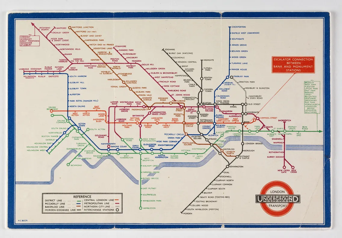 1933 map of the london underground, showing colored lines and stations in a stylized layout, with the iconic logo at the bottom.