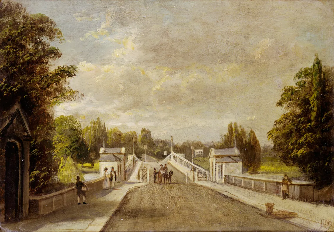 19th-century painting depicting a busy bridge scene with people walking and conversing, surrounded by lush greenery and a cloudy sky.