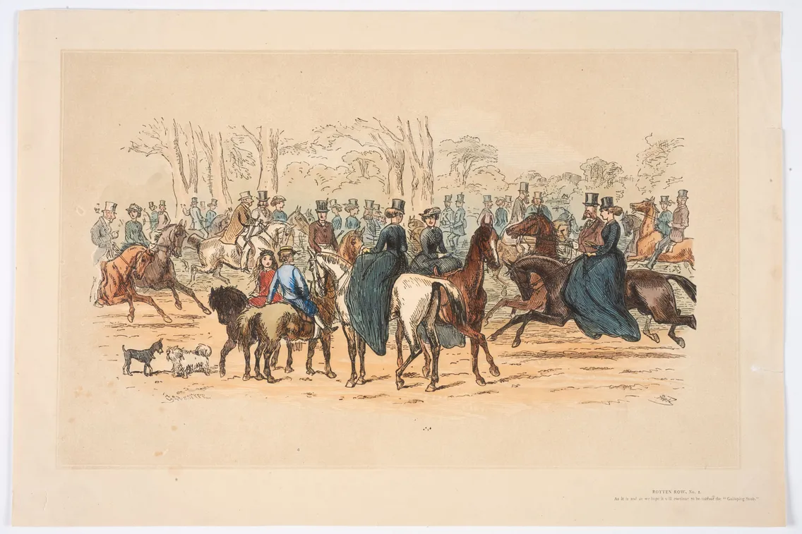 A print of a large group of people in an open space, with some of those people on horses