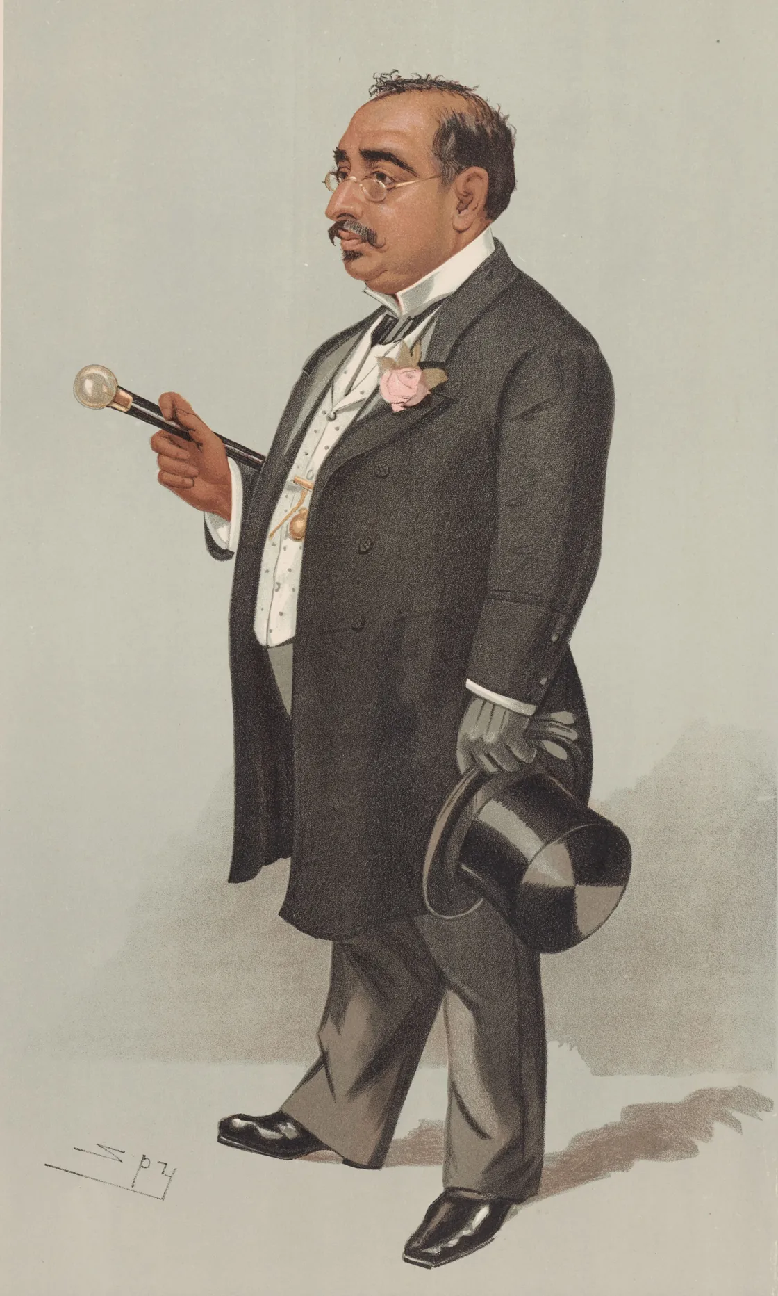 A caricature of a man in victorian attire holding a monocle and top hat, with detailed attention on his dignified posture and facial expression.