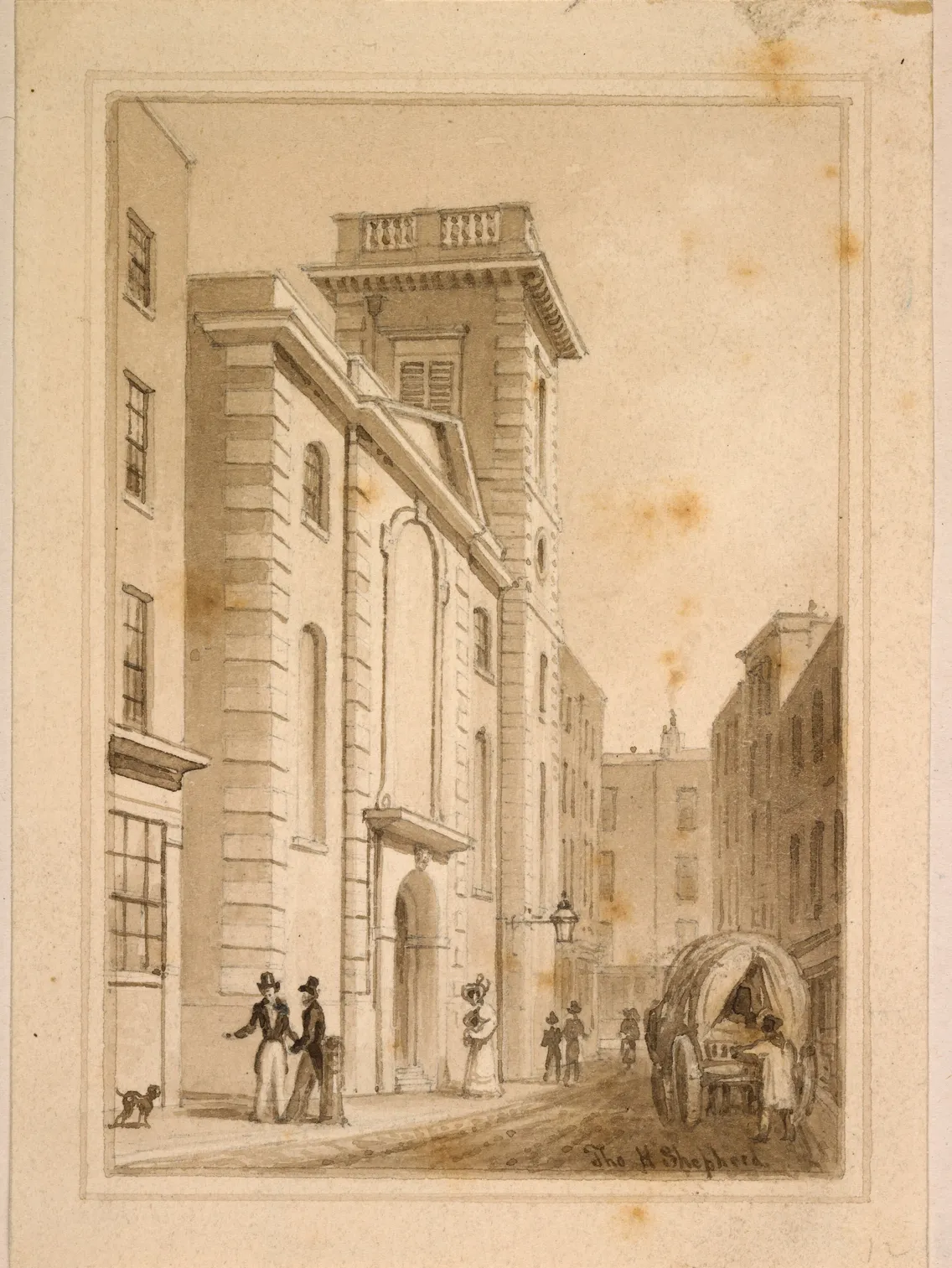 Historical drawing depicting a street scene with people, a horse-drawn cart, and grand buildings, rendered in sepia tones.