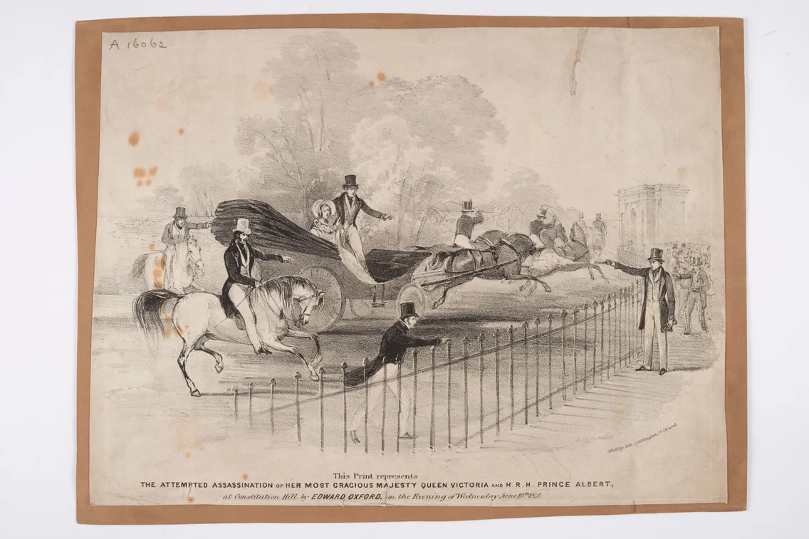 A scene with a horse bolting and moving quickly with passengers in the carriage, reading at the bottom "The attempted assassination of her most gracious majesty Queen Victoria and HRH Prince Albert"