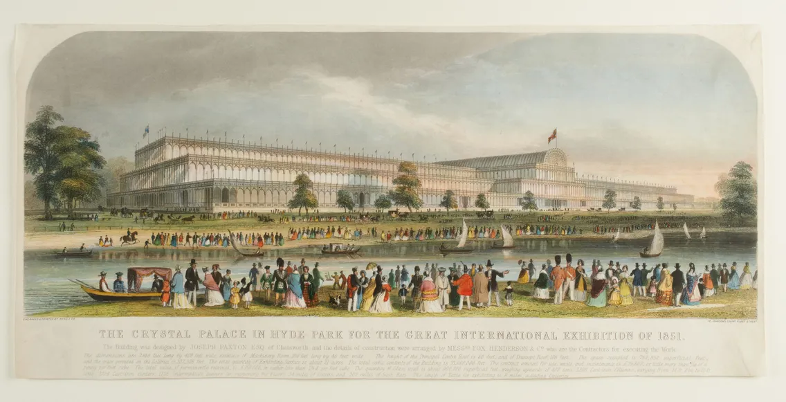 A wide-angled painting of a large palace with a lake in front and a large gathering of people