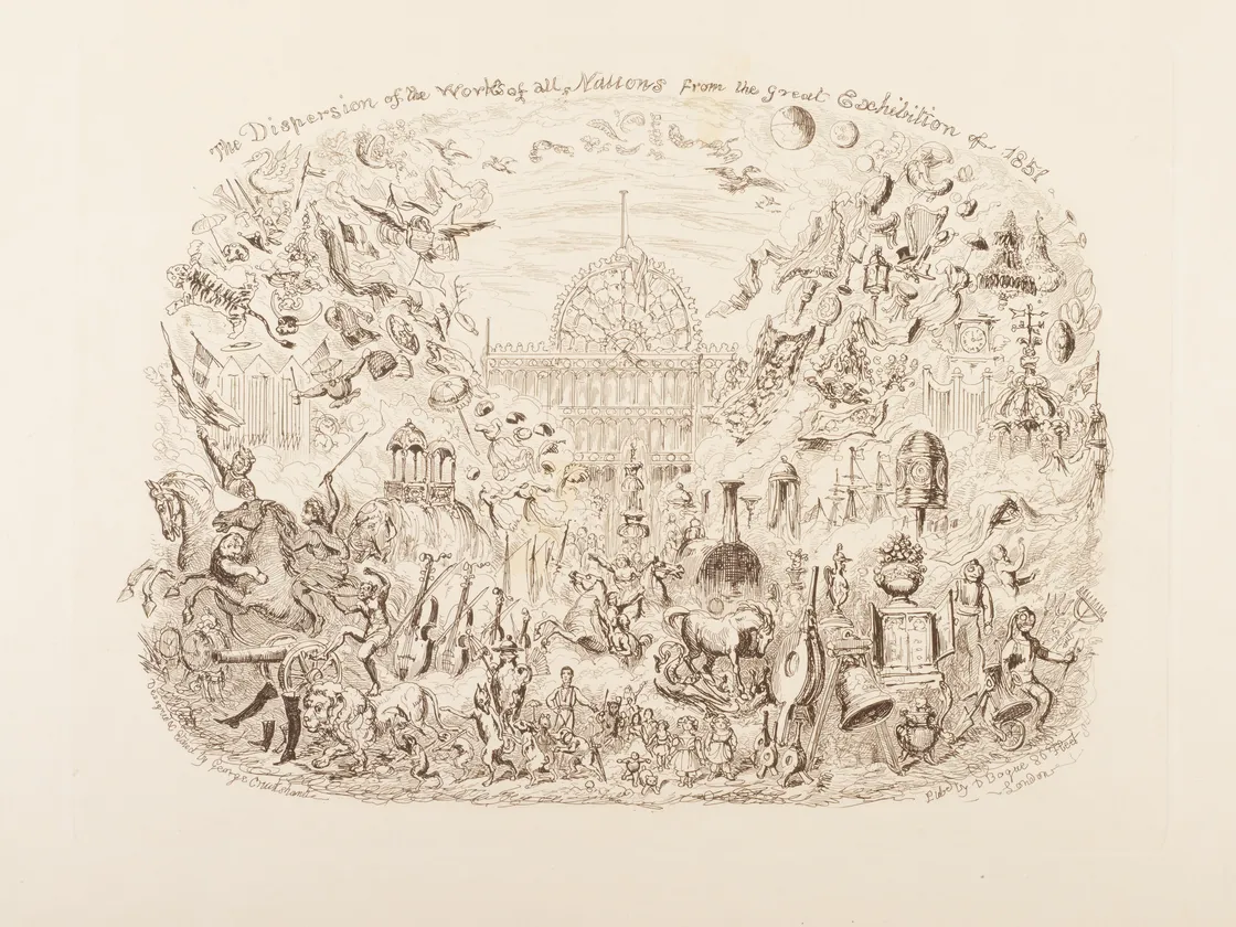 Historical illustration titled "the dispersion of the works of all nations from the great exhibition, 1851," depicting various people, artifacts, and symbols in elaborate detail.