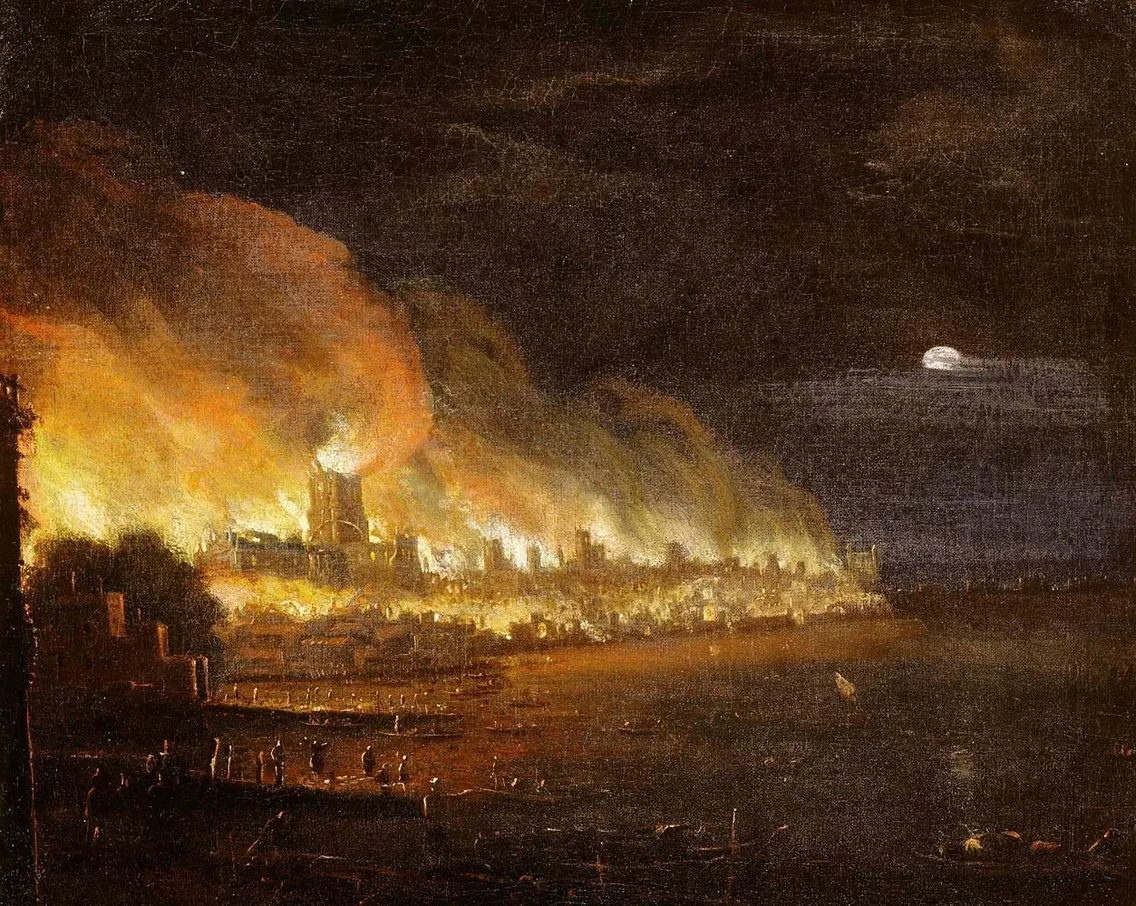 A nighttime scene depicts a large fire engulfing buildings along a riverbank, with thick smoke rising into the sky and the moon visible in the background.