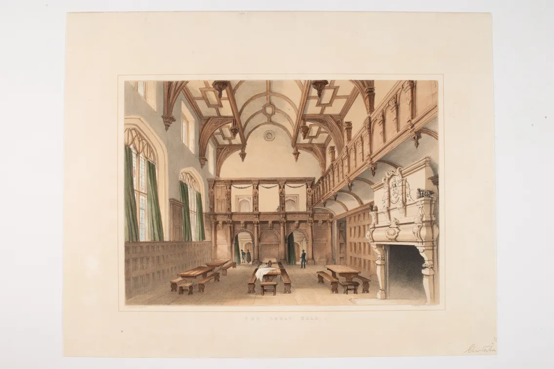 A print of tables and chairs placed with a decorated hall, with a few people seen in the background