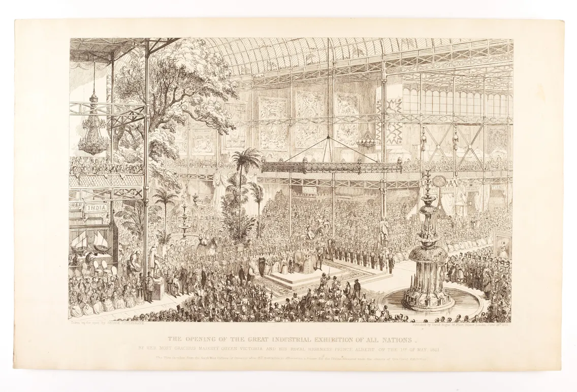 Historical illustration showing the opening of the great industrial exhibition with crowded attendees and intricate architectural details.