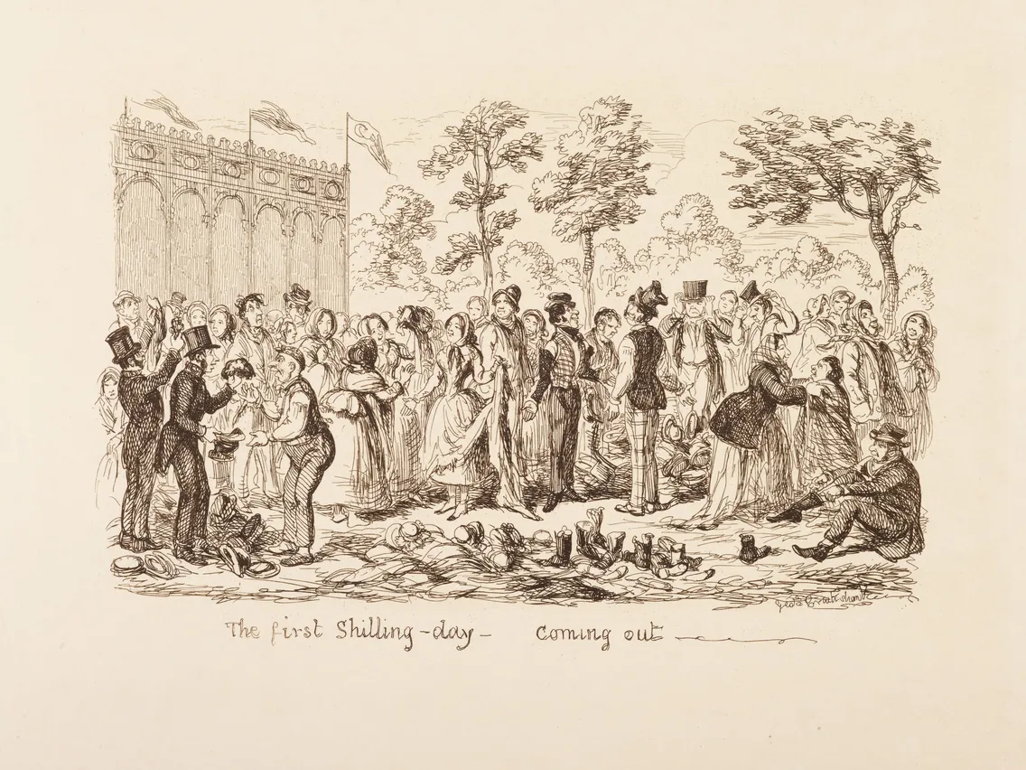 Etching depicting a crowd of 19th-century people dressed in formal attire, leaving a fenced enclosure, with trees and a large building in the background.