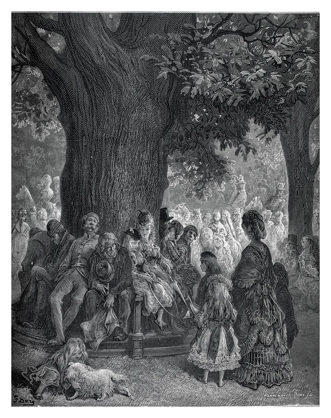 Detailed black and white engraving of a victorian-era gathering in a forest, featuring elegantly dressed men, women, and children, with some seated and others standing, surrounded by large trees.