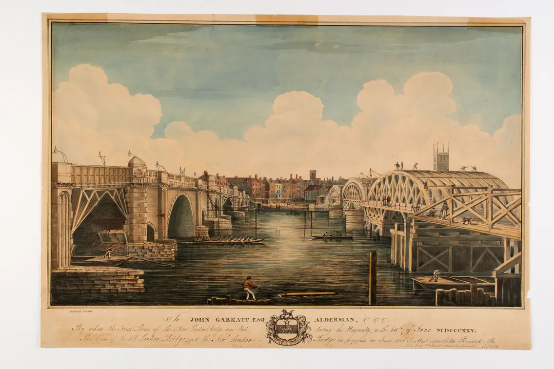 Watercolour of two bridges, the one on the right in the process of being built.