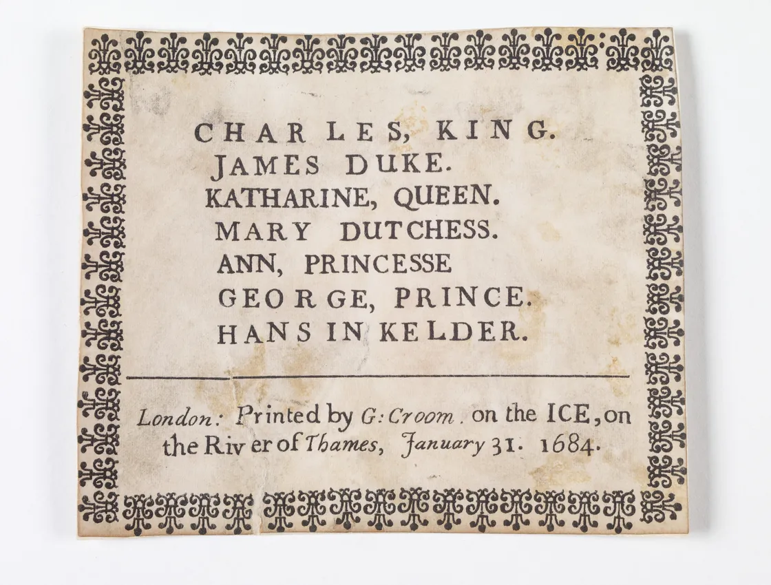 Antique printed card dated January 31, 1684, listing names such as Charles, King, and Mary, Duchess, with decorative borders, titled "printed by g:croom on the ice on the River of Thames."