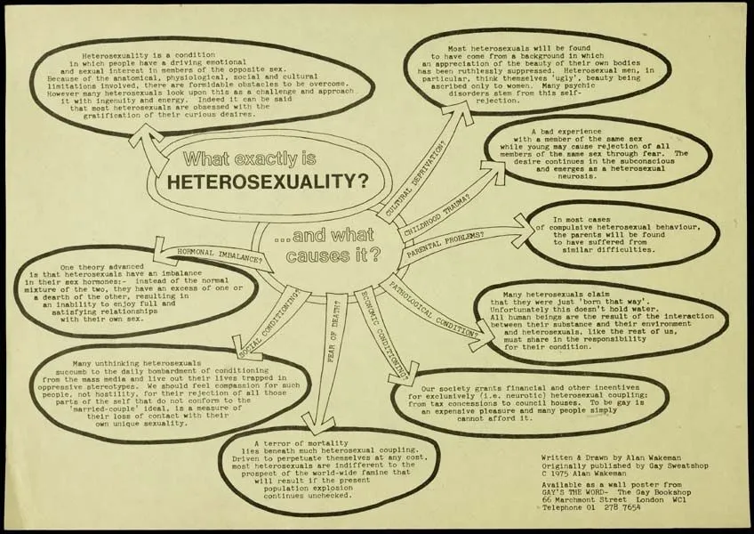 Vintage educational poster with flowchart explaining the concept, causes, and interpretation of heterosexuality, styled with handwritten and typographic text elements.