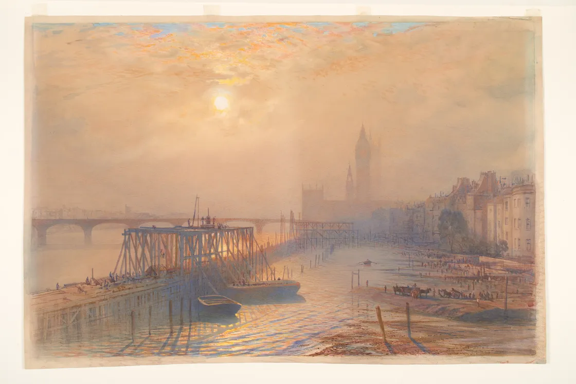 A painting depicting a sunlit river with boats, a wooden dock, a bridge in the background, and buildings lining the river. The scene is bathed in warm light, with a silhouette of a prominent tower visible.