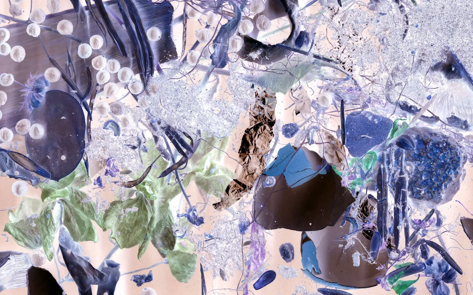 An abstract collection of blue, white and green shapes on a light pink background