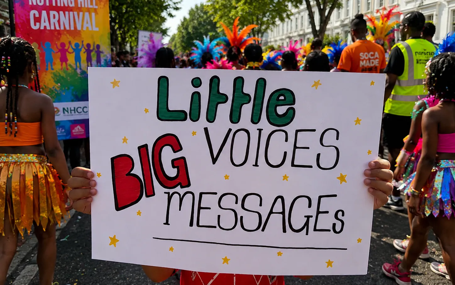 A child holds a sign reading "Little voices BIG messages" at a vibrant Caribbean parade, with colorful costumes and a carnival banner in the background, showcasing the rich culture in the lively image.