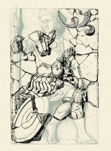 Illustration of a fragmented classical statue in pieces, with detailed armor and limbs arranged against a textured background.
